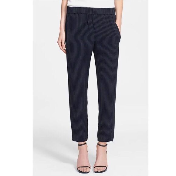 Theory Korene Pants Silk Pinstripe Pull-On Cropped Ankle Womens Navy Blue M - Picture 2 of 7